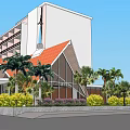 Modern Building Exterior With Orange Triangular Roof Glass Facade And Palm Trees