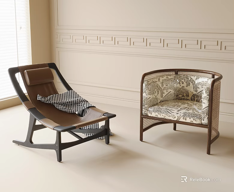 Leisure Chairs Rocking And Armchair With Wooden Frame Brown Cushion Checkered Pillow In Minimalist Room 3d model 