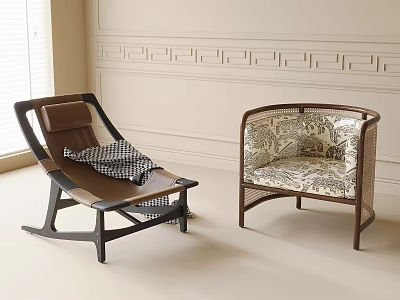 Leisure Chairs Rocking And Armchair With Wooden Frame Brown Cushion Checkered Pillow In Minimalist Room 3d model