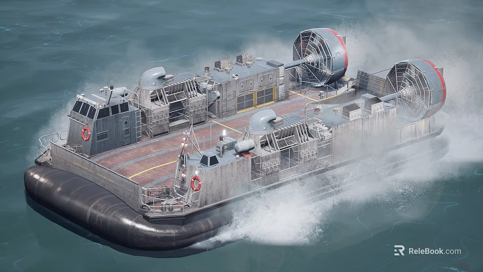 Hovercraft Warship Sailing On Sea With Large Fans And Inflatable Skirt Creating Water Splashes 3d model 