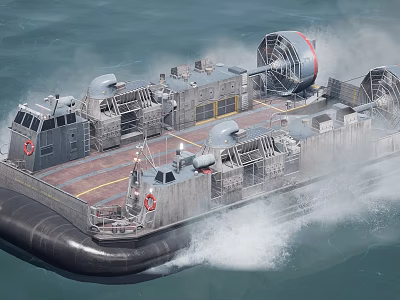 Hovercraft Warship Sailing On Sea With Large Fans And Inflatable Skirt Creating Water Splashes 3d model
