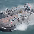 Hovercraft Warship Sailing On Sea With Large Fans And Inflatable Skirt Creating Water Splashes