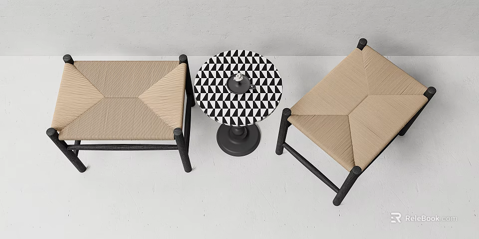 Two Woven Stools with Black Wooden Frames and Round Black and White Geometric Pattern Table 3d model 