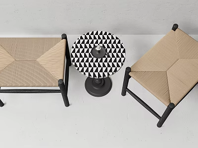 Two Woven Stools with Black Wooden Frames and Round Black and White Geometric Pattern Table 3d model