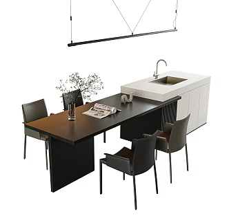 Island Table Dining Table and Chair Combination Island Table Dining Table Leather Dining Chair Single Chair Book Chair Metal Chandelier Long Chandelier Green Plant Ornaments 3d model