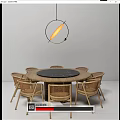 Round Dining Table Set with Black Marble Top and Woven Rattan Chairs Featuring Pendant Light