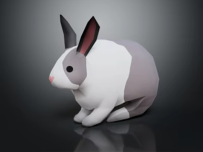 Low Poly 3D Rabbit With White Gray Fur Black Pink Ears On Dark Background 3d model