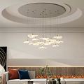 Modern Living Room Interior With Sofa Coffee Table Fireplace Chandelier And Decorative Art