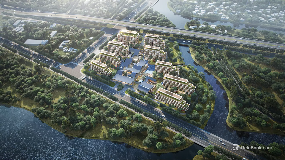 Birds Eye View Planning of Riverside Residential Community With Green Spaces and Road Network 3d model 