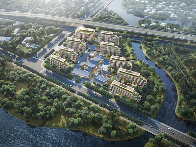 Birds Eye View Planning of Riverside Residential Community With Green Spaces and Road Network 3d model