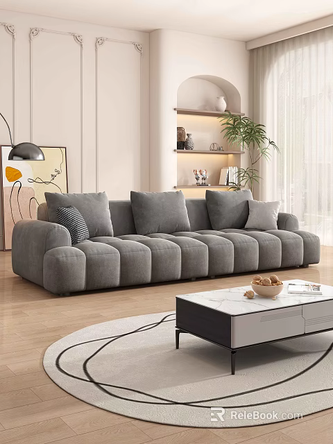 Modern Gray Sectional Sofa with Plush Cushions and Coffee Table in Bright Living Room 3d model 