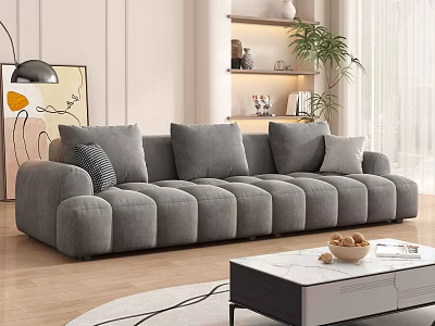 Modern Gray Sectional Sofa with Plush Cushions and Coffee Table in Bright Living Room 3d model