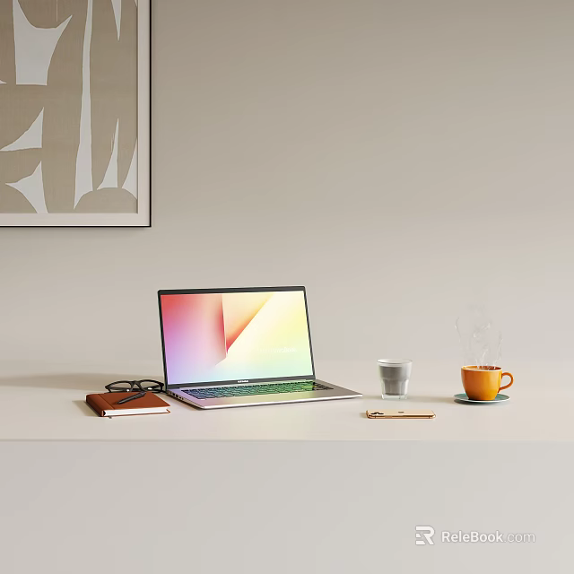 Sleek Laptop with Colorful Screen on Desk with Eyeglasses Notebook Mugs Pen and Wall Art 3d model 
