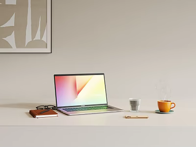 Sleek Laptop with Colorful Screen on Desk with Eyeglasses Notebook Mugs Pen and Wall Art 3d model