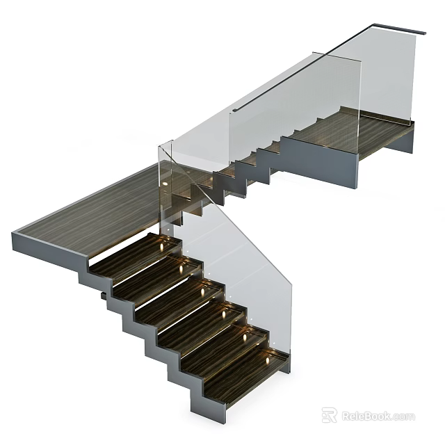 Modern Staircase With Glass Railing Wooden Steps And Sleek Metal Frame 3d model 
