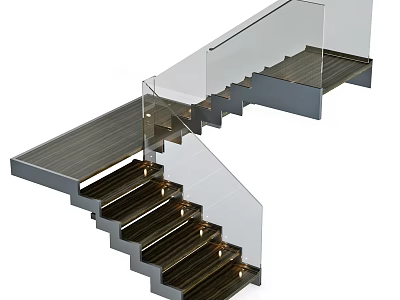 Modern Staircase With Glass Railing Wooden Steps And Sleek Metal Frame 3d model