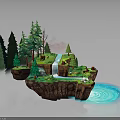 Floating Fantasy Island With Green Trees Waterfall Stream Grass And Blue Water