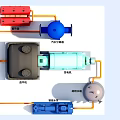 Industrial Equipment System With Red Blue Gray Components And Connecting Pipes