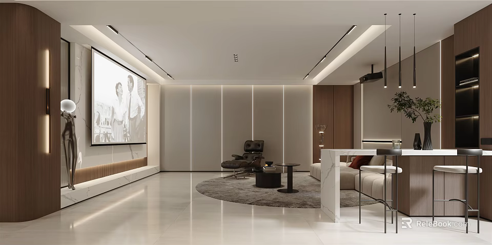 Modern Basement Interior Design With Large TV Sofa Coffee Table And Wooden Accents 3d model 