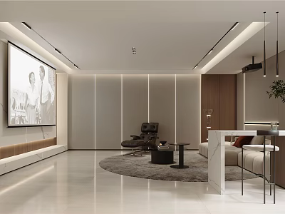 Modern Basement Interior Design With Large TV Sofa Coffee Table And Wooden Accents 3d model