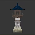 Traditional Japanese Stone Lantern With Blue Roof Wooden Railing And Stone Base