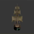 Wooden Sailing Ship Model With Multiple Sails Mast And Green Brown Hull