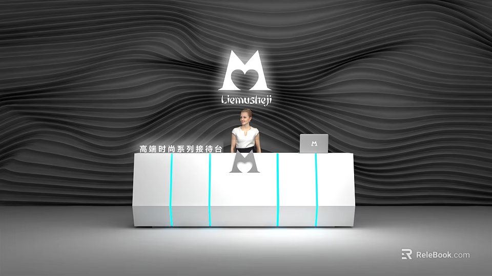 Modern Reception Desk Design with White Counter Blue Stripes and Wave Pattern Wall 3d model