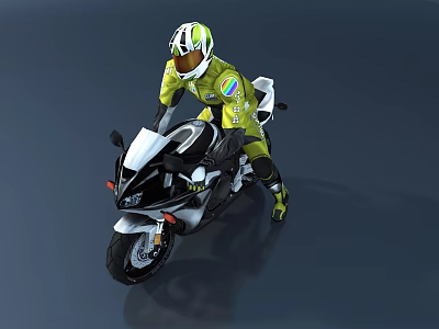 Black White Motorcycle With Rider in Yellow Green Racing Suit Helmet on Dark Background 3d model