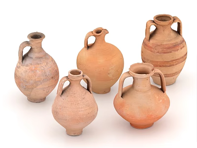 Decorative Handcrafted Ceramic Vessels In Various Shapes With Handles And Earth Tones 3d model
