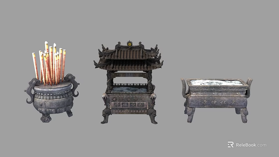 Chinese Traditional Incense Burners With Incense Sticks Ornate Roof Design And Square Base 3d model 
