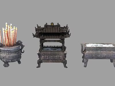 Chinese Traditional Incense Burners With Incense Sticks Ornate Roof Design And Square Base 3d model