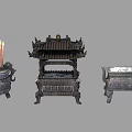 Chinese Traditional Incense Burners With Incense Sticks Ornate Roof Design And Square Base