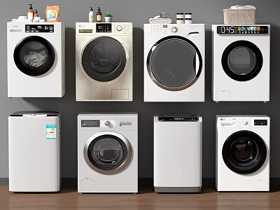 Different Models Of Front Load Washing Machines In White And Beige Colors On 3d model