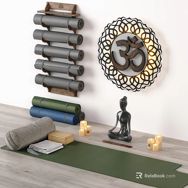 Yoga Sports Equipment Collection with Rolled Mats Wall Hanging and Meditation Accessories 3d model 
