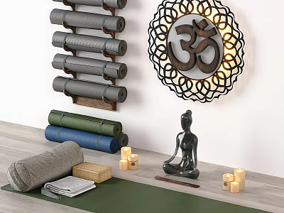 Yoga Sports Equipment Collection with Rolled Mats Wall Hanging and Meditation Accessories 3d model