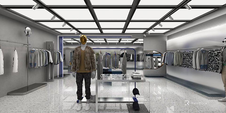 Modern Clothing Store Interior With Gold Head Mannequin Displayed Clothes And Mirror Lighting 3d model 