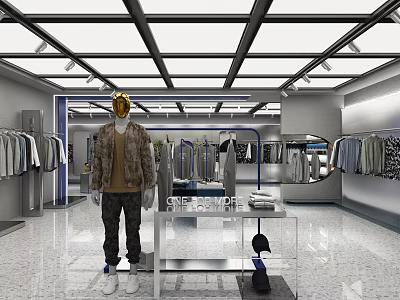 Modern Clothing Store Interior With Gold Head Mannequin Displayed Clothes And Mirror Lighting 3d model