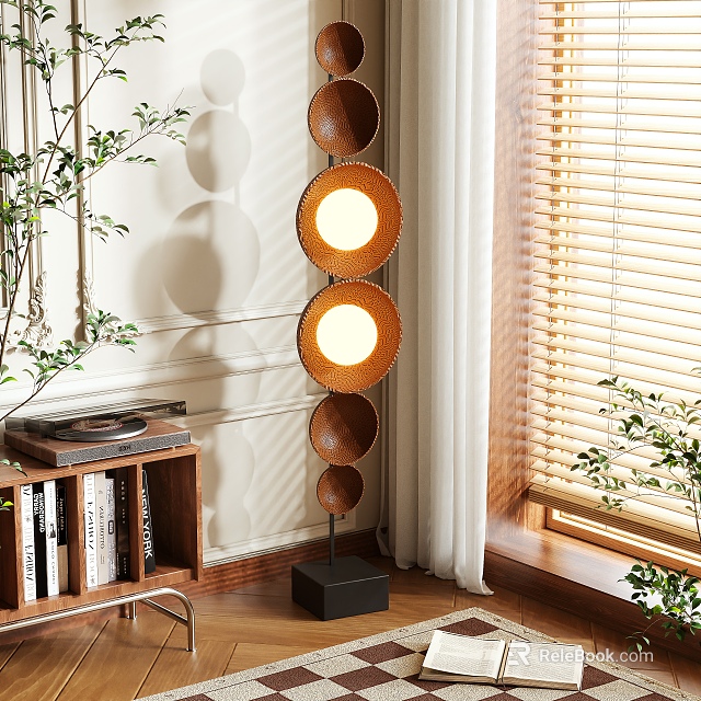 Modern Standing Floor Lamp With Circular Rattan Shades And Warm Light In Home Interior 3d model 