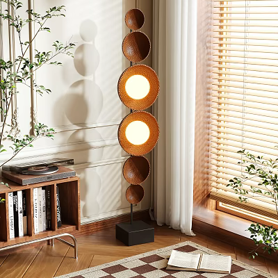 Modern Standing Floor Lamp With Circular Rattan Shades And Warm Light In Home Interior 3d model