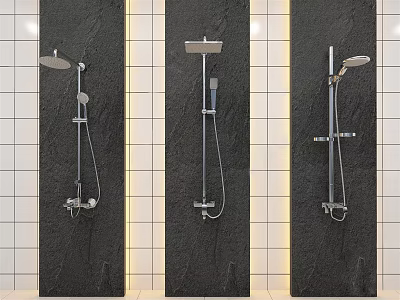 Three Modern Shower Systems Installed On Black Walls With White Tiled Background 3d model