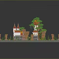 Ancient Castle Scene With Red Roofs White Buildings Towers And Green Trees