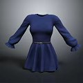 Elegant Blue Dress With Long Sleeves Ruffled Cuffs And Belt Detail