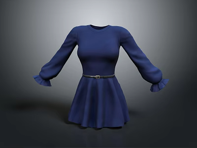 Elegant Blue Dress With Long Sleeves Ruffled Cuffs And Belt Detail 3d model