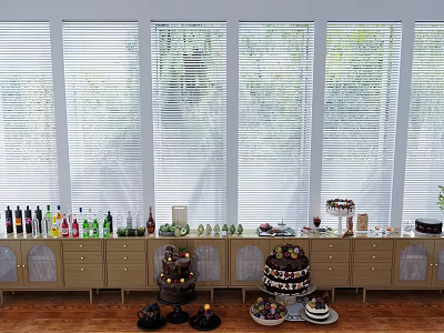 Food Buffet Table Display With Cakes Fruits Drinks By Windows And Wooden Cabinets 3d model