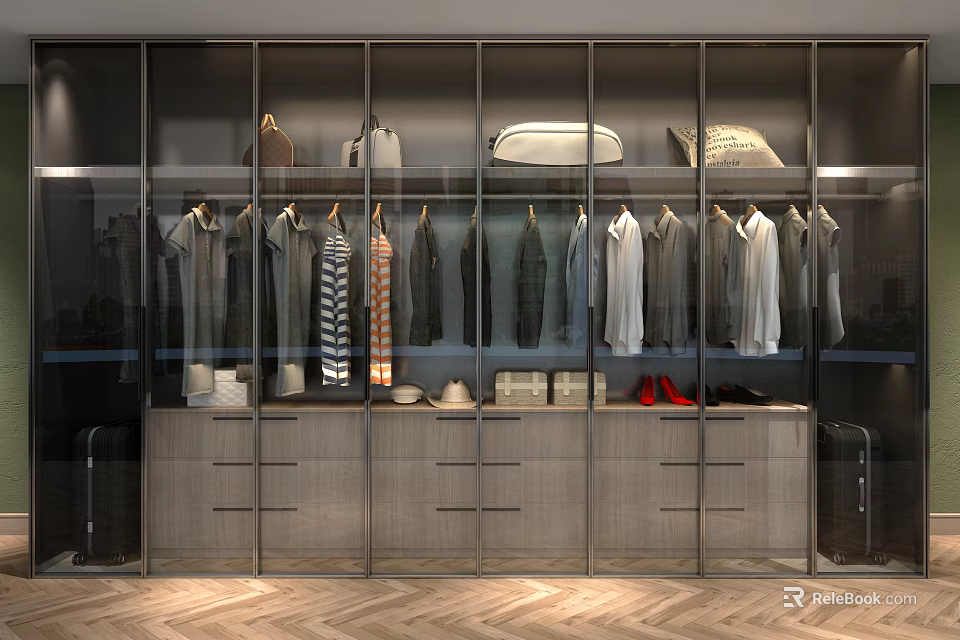 Modern Stylish Wardrobe Interior Design With Glass Doors Hanging Clothes Bags Shoes And Drawers 3d model 