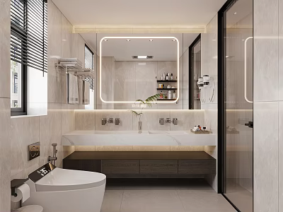 Modern Bathroom Interior Design With Double Vanity Large Mirror And Glass Shower Enclosure 3d model