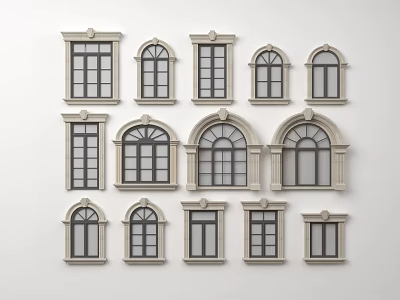 Various Styles Of Windows Arranged On White Background With Light Frames And Dark Glass 3d model