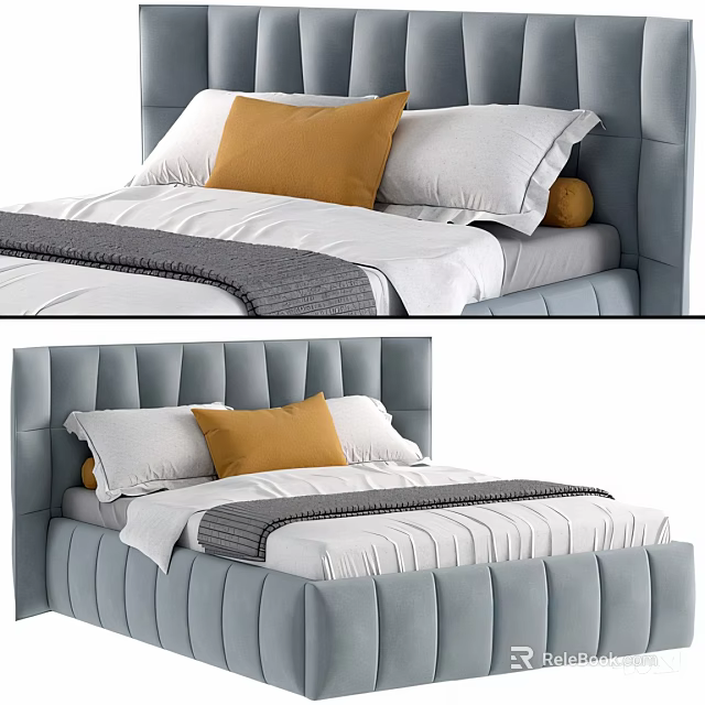 Modern Double Bed Interior With Grey Tufted Headboard And Orange White Pillows 3d model 