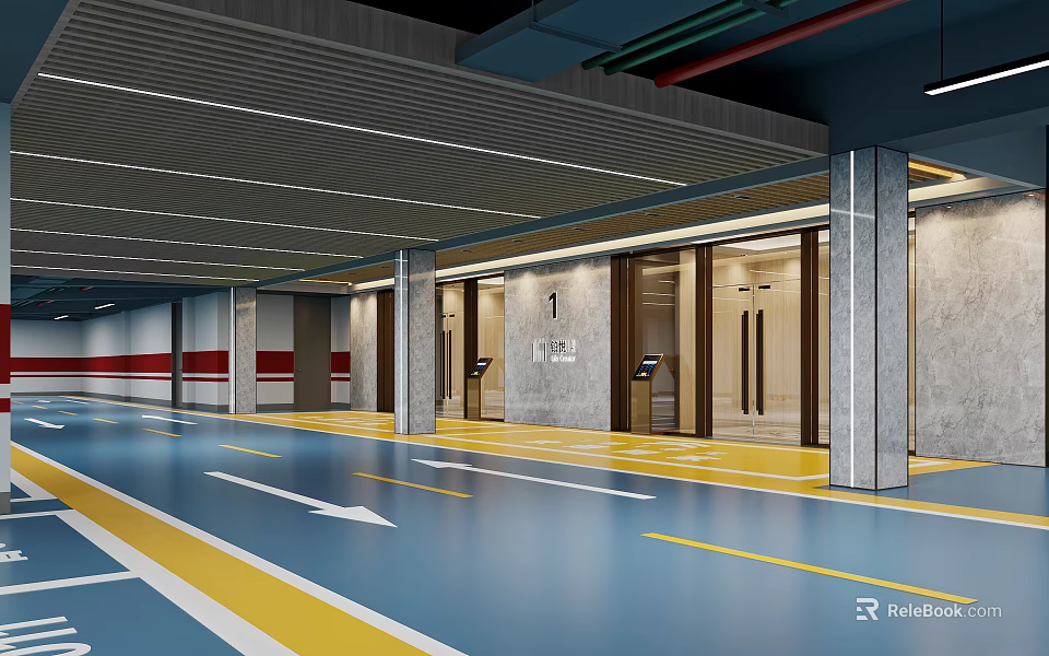 Modern Indoor Parking Garage With Blue Floor Yellow White Lines And Elevator Doors 3d model 