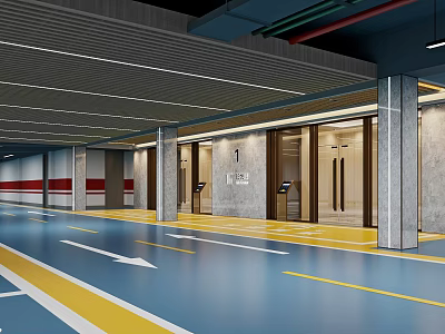 Modern Indoor Parking Garage With Blue Floor Yellow White Lines And Elevator Doors 3d model